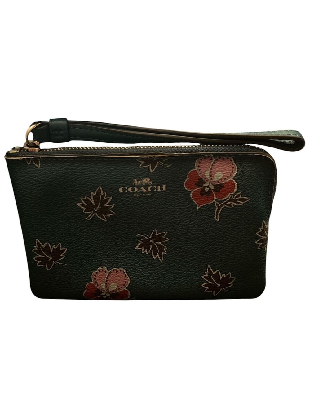 WR43. Coach wristlet in teal printed coated canvas with a wildflower motif